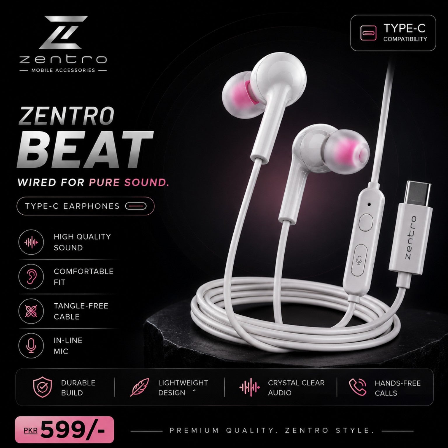 Zentro Beat Type-C Wired Earphones with HD Sound, In-Line Mic & Tangle-Free Cable