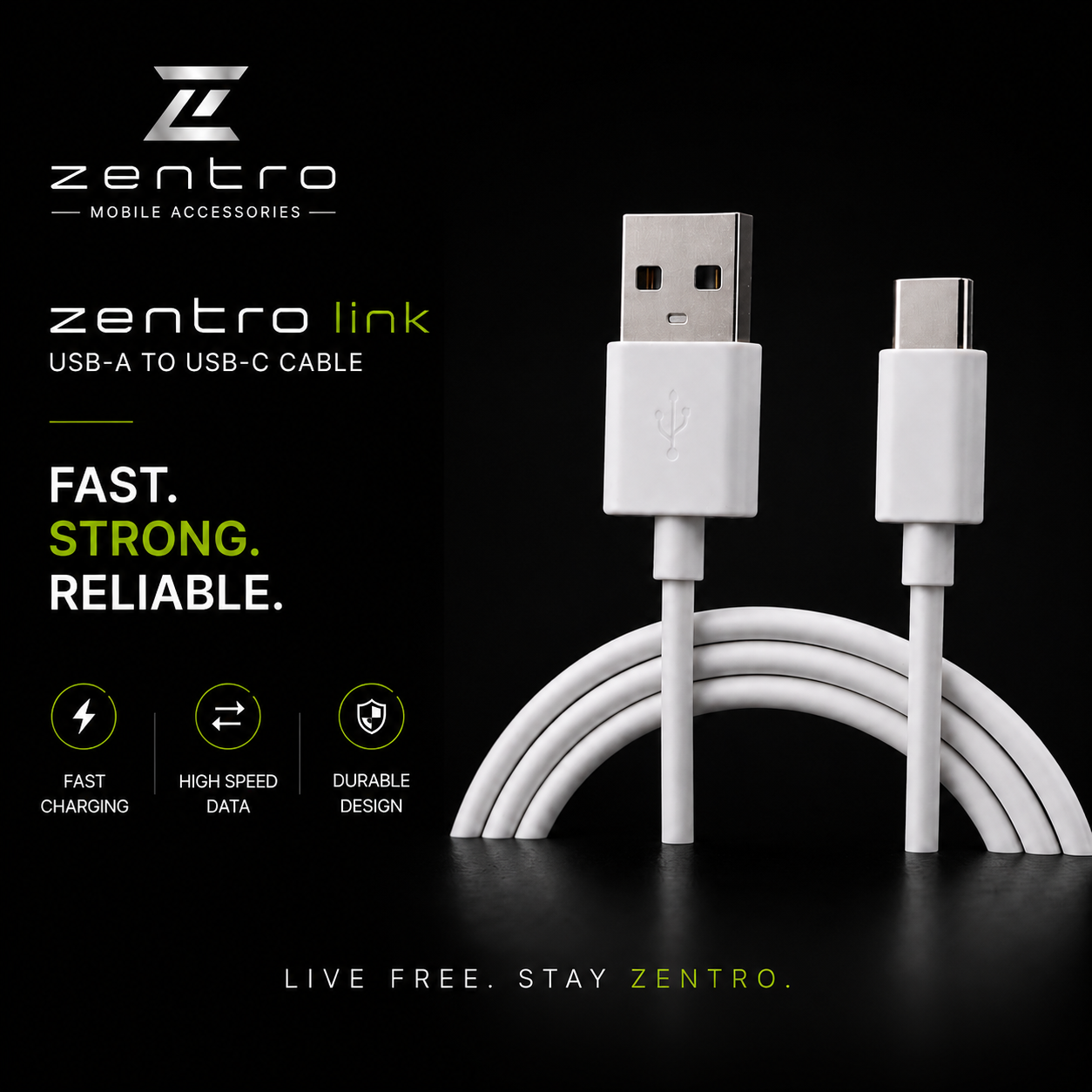 Zentro Link USB-A to USB-C Fast Charging Cable – High-Speed Data Cable