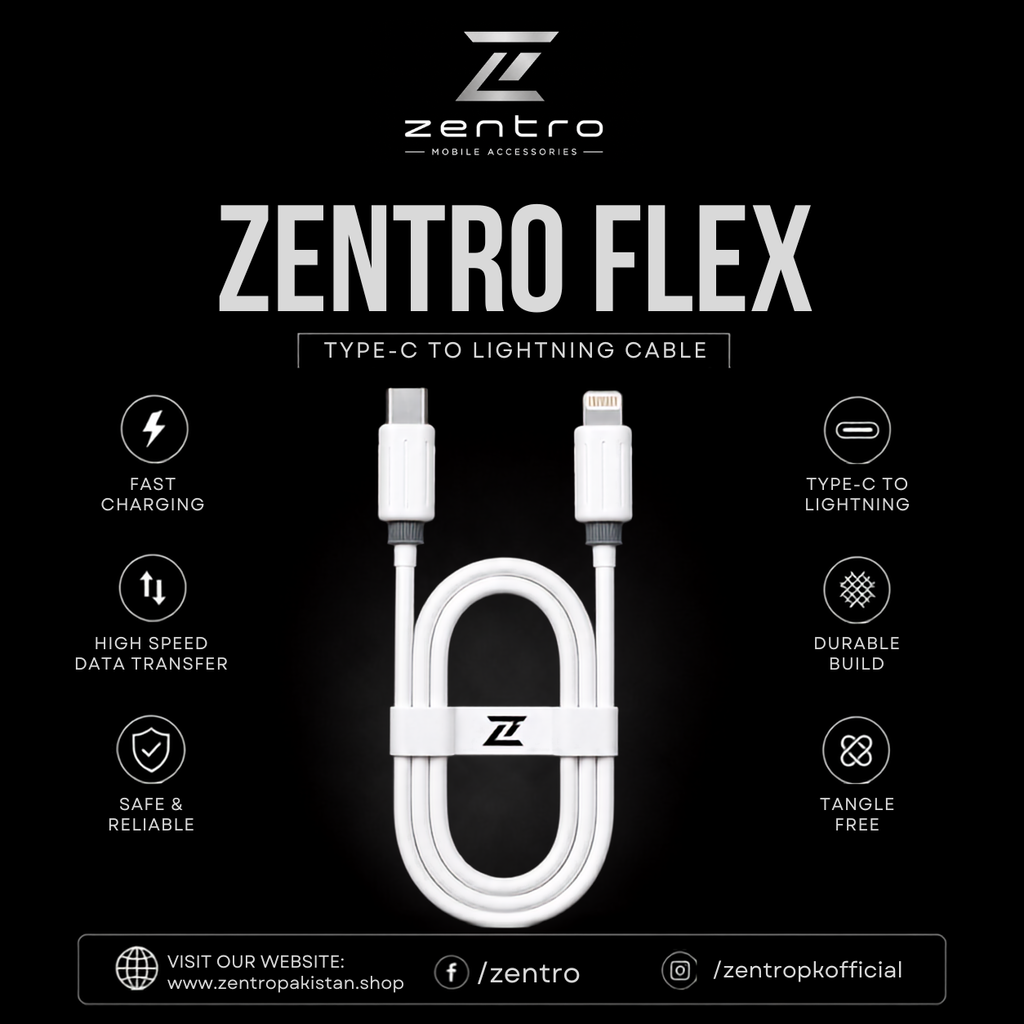 Zentro Flex Type-C to Lightning Cable | Fast Charging & Data Transfer