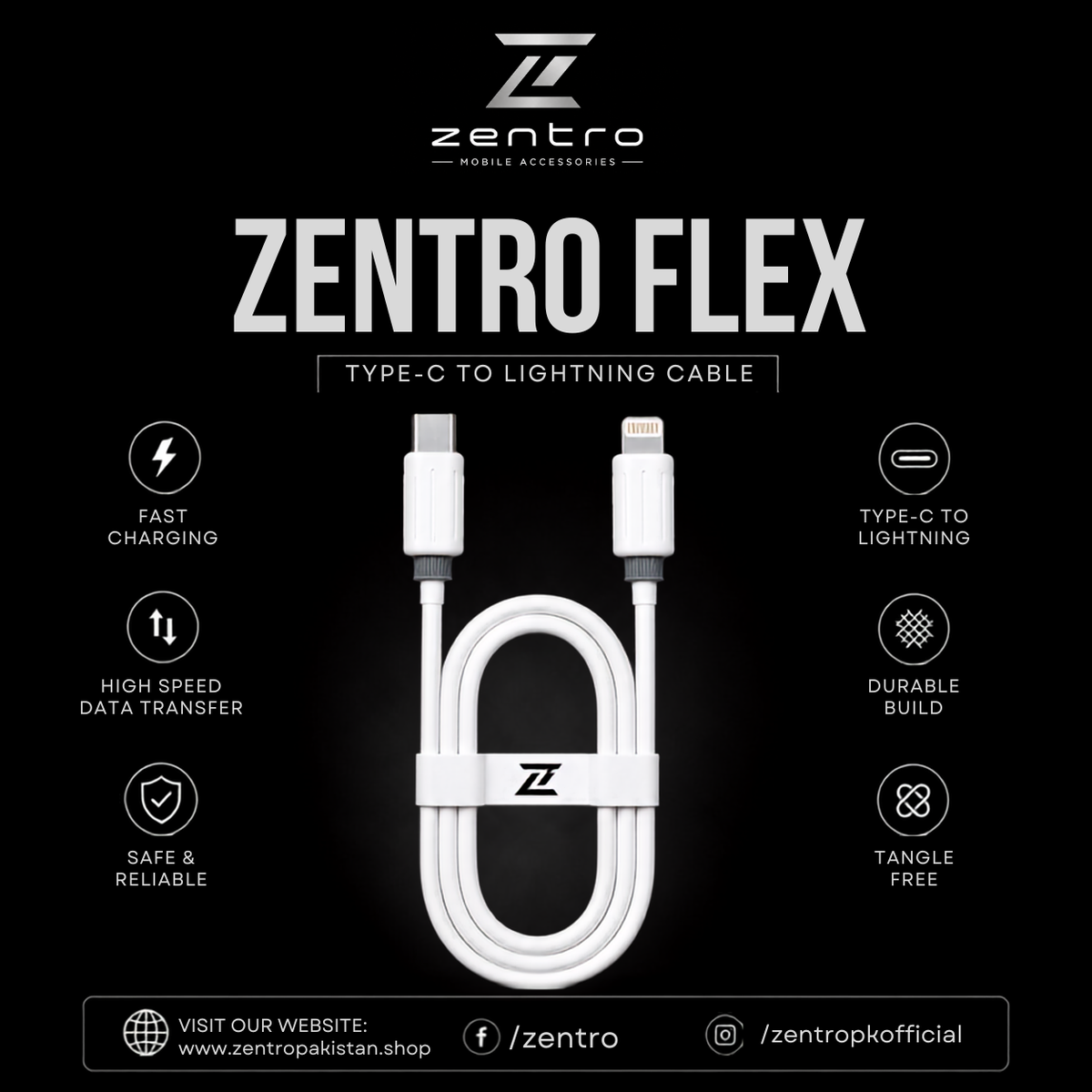 Zentro Flex Type-C to Lightning Cable | Fast Charging & Data Transfer